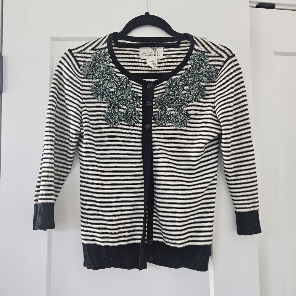 Tabitha anthropologie striped cardigan with embroidered flowers